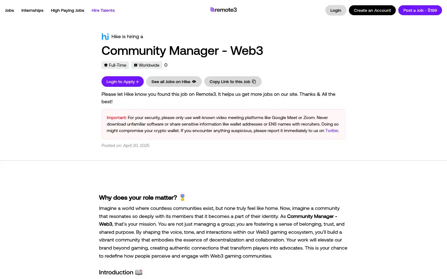 Community Manager - Web3 at Hike - Remote3